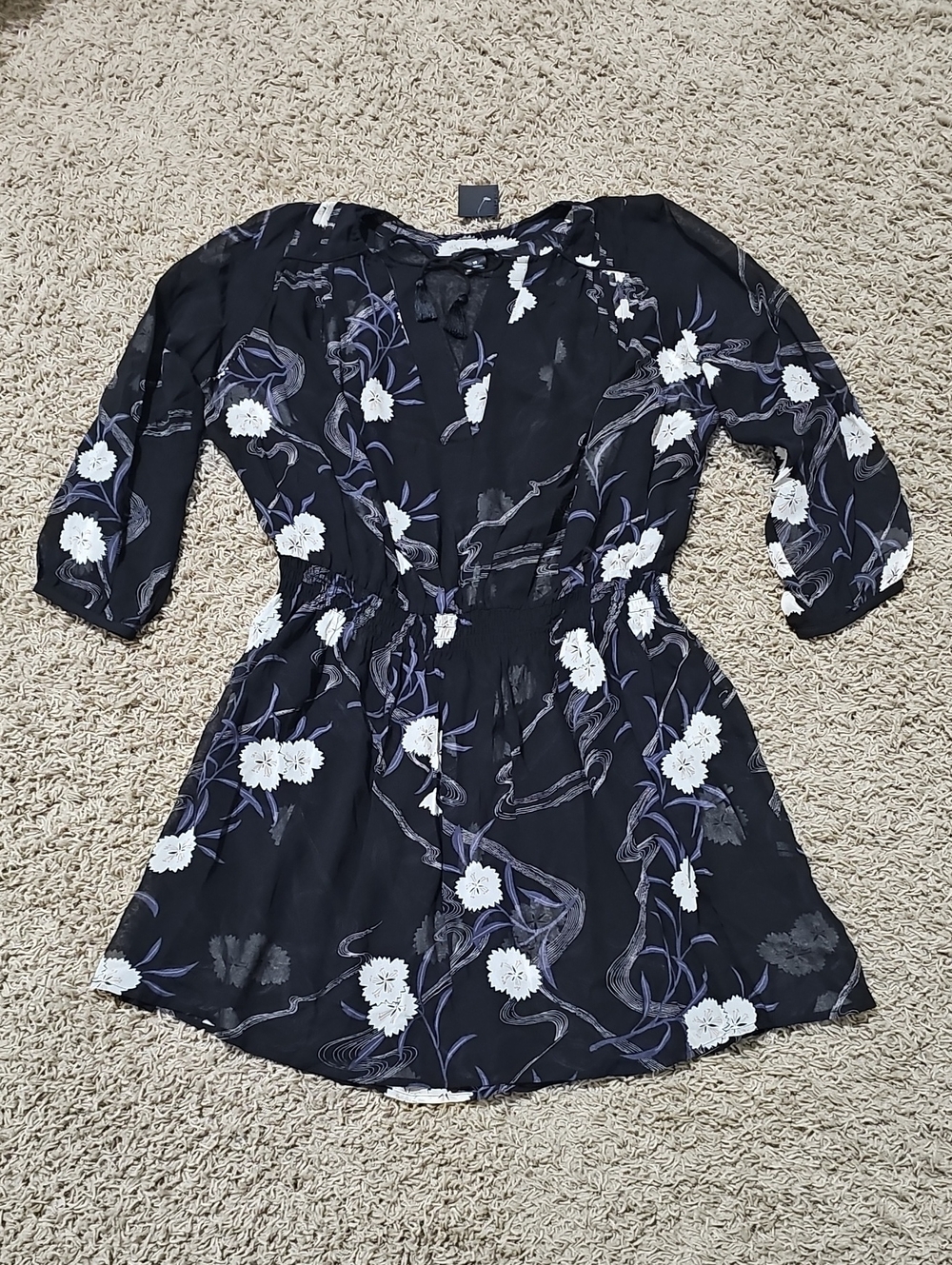 NWT Club Monaco Roanna Dress 100% Silk Sheer Cover 10 Mini Floral Black & White